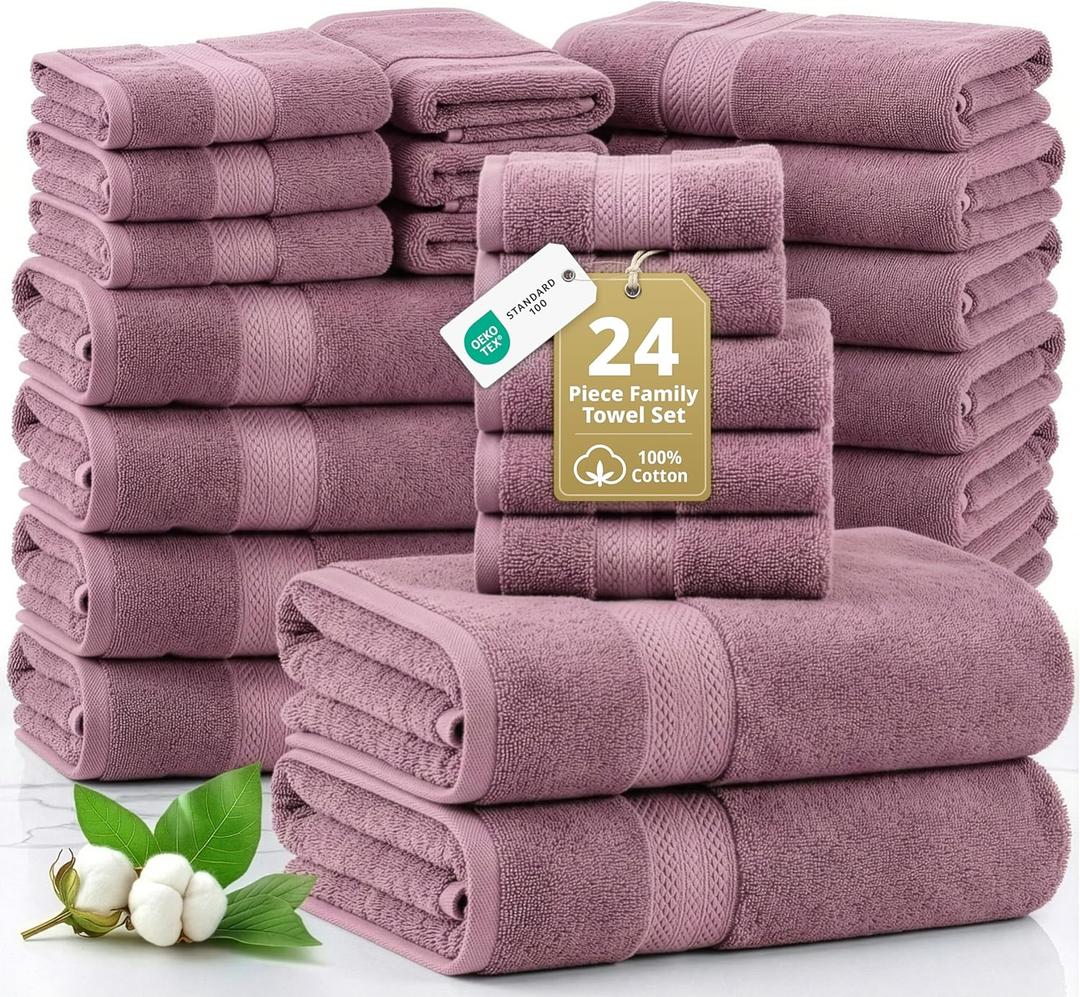 LANE LINEN Bathroom Towels Set - 24 PCs - 100% Ring Spun Cotton - Quick Dry, Soft & Absorbent - 4 Bath, 4 Fingertip, 6 Hand Towel, 8 Washcloths, 2 Bath Sheets - Towels for Regular Use - Wistful Mauve (11: Wishful Mauve)