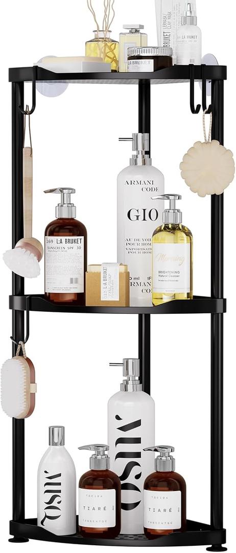 SWTYMIKI Corner Shower Caddy Standing - 3 Tier Stainless Steel Shower Organizer Stand, Large Capacity Floor Shelf with 4 Hooks, Rustproof Bathroom Storage Rack, Black