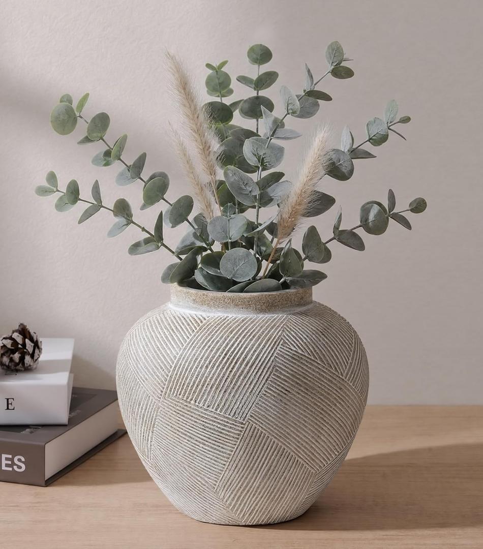 DREAMLOOM Ceramic Flower Vase, 7.7 inch Farmhouse Rustic Vintage Vases, Decorative Pottery Terracotta Vases for Home Decor, Living Room Dining Table Wedding Centerpieces
