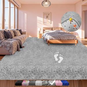 Shag Area Rugs for Living Room Bedroom, Upgrade Non-Slip 4x6 ft Ultra Soft Fluffy Shaggy Bedside Rug, Indoor Floor Carpet for Kids Girls Boys, Dorms, Nursery Rooms, Home Decor Aesthetic, Light Grey