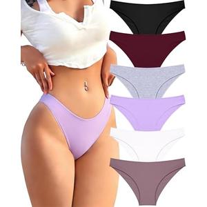 FINETOO 6 Pack Cotton Underwear for Women Cute Low Rise Bikini Panties High Cut Breathable Sexy Hipster Womens Cheeky Size large