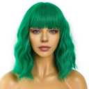 Short Bob Wigs with Bangs for Women Loose Wavy Wig Curly Wavy Shoulder Length Bob Synthetic Cosplay Wig for Girl Colorful Costume Wigs (Green)