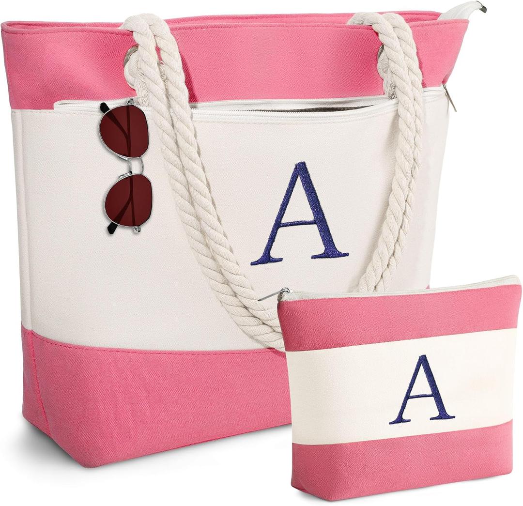 YOOLIFE Beach Bags for Women - Initial Canvas Tote Waterproof Bag with Makeup Bag Gifts for Women Mom Friend Birthday Her (Pink)