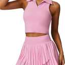 Women 2 Piece Tennis Dresses High Waisted Pleated Skirt Sets Seamless Golf Outfits Sleeveless Racerback Padded Crop Top (Medium, Pink)