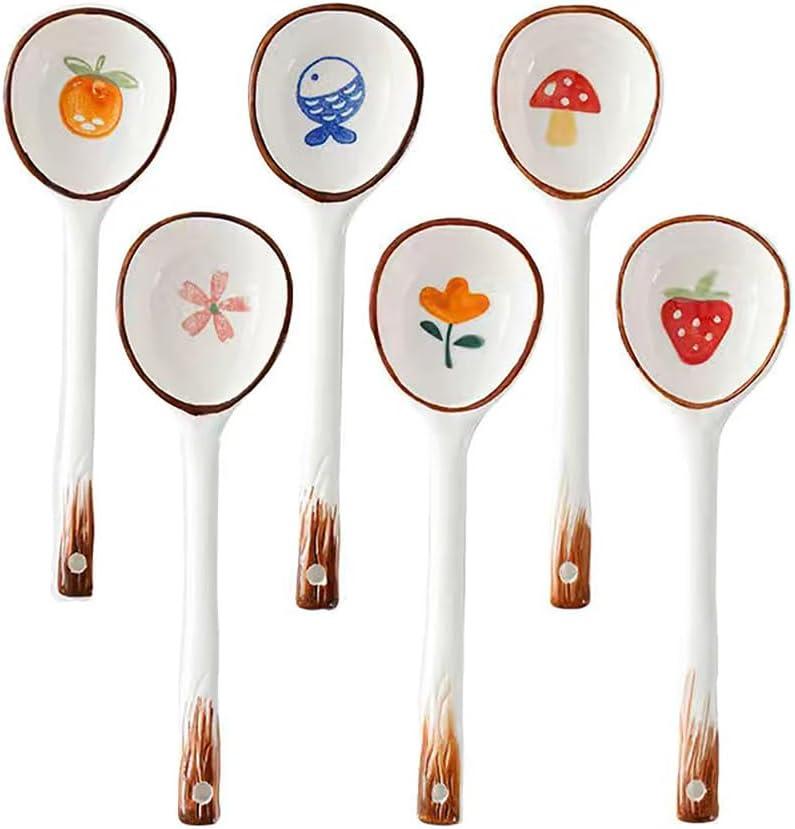 Ceramic Soup Spoons Set Asian Spoons Chinese Japanese Tablespoon for Ramen Pho Wonton Dumplings Miso - Set of 6