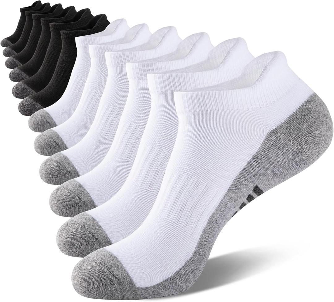eallco Mens Ankle Socks Low Cut Athletic Cushioned Running Tab Socks 6 Pack (Black 3, White 3 (Fits Mens Shoe Size 6-12))