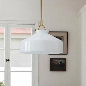 CKENSU Milk Glass Pendant Light - 16" Minimalist Morandi Pendant Light Fixture, White Modern Industrial Light Fixture for Living Room, Dinging Room, Kitchen (16" D x 8" H White)