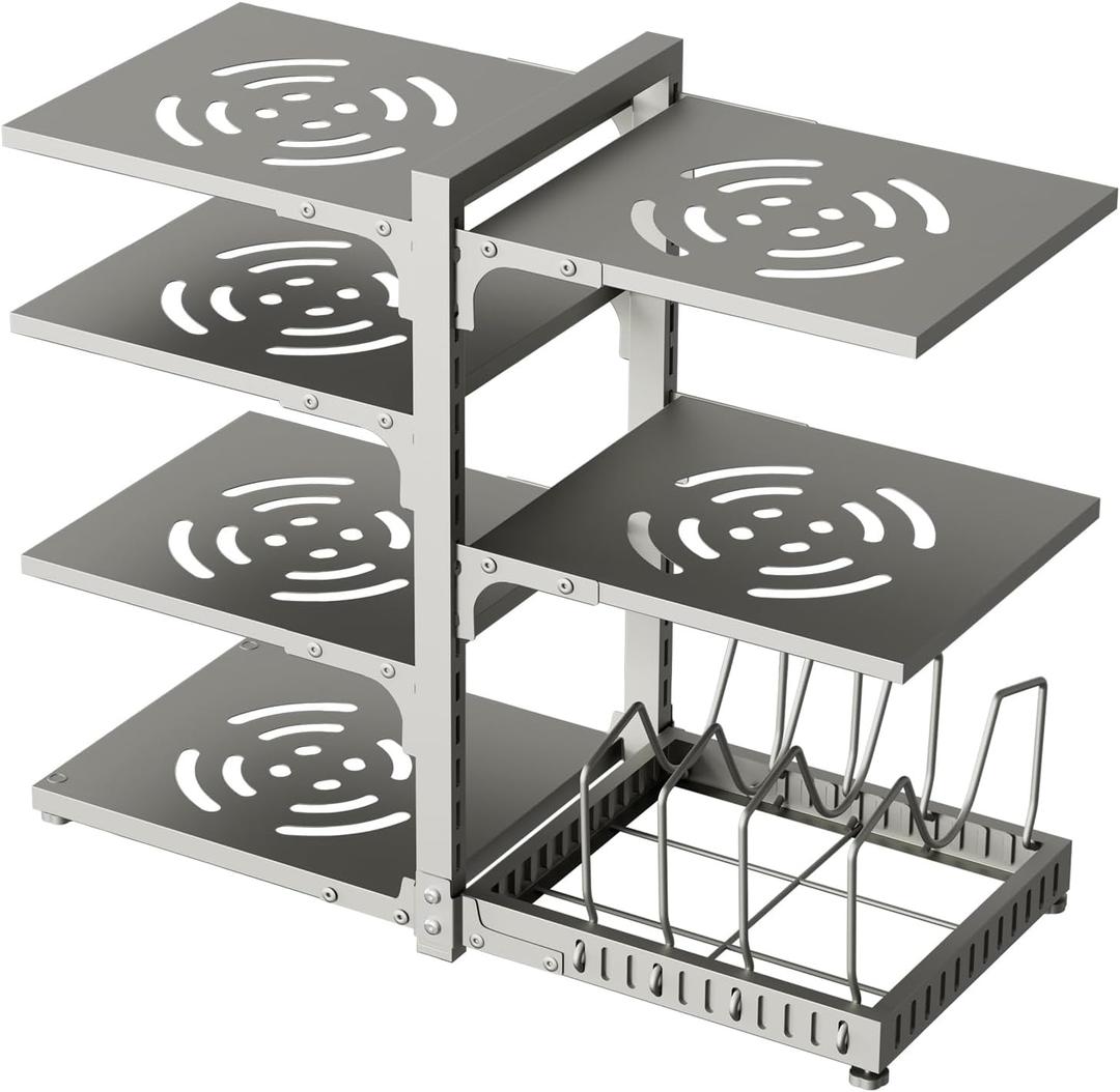 Pots and Pans Organizer, Heavy Duty Pot Racks, 7 Tiers Adjustable Pot Holder Kitchen Cabinet Organizer for Pots, Pans and Lids With 3 DIY Methods, Grey
