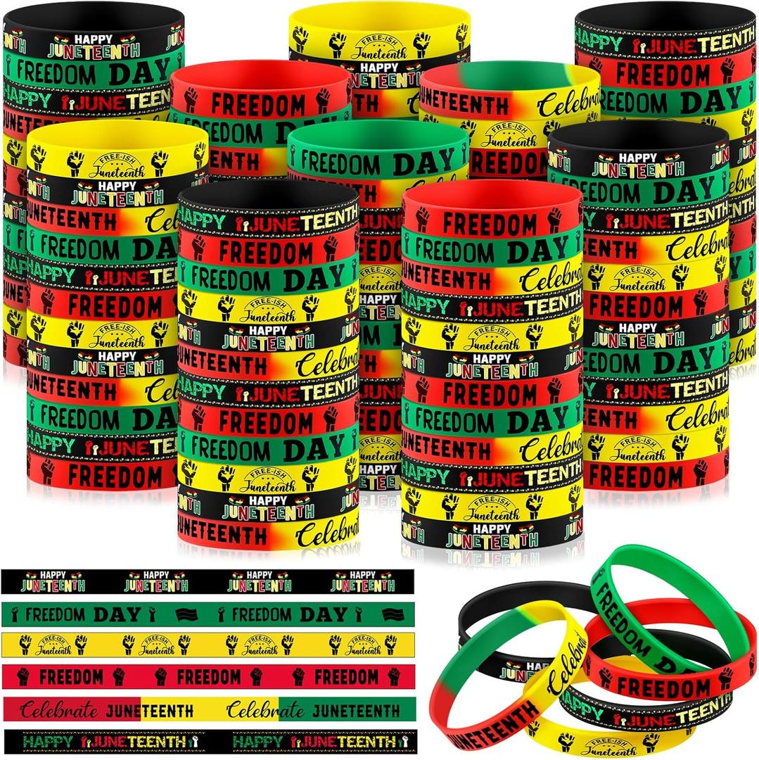 Poen 120 Pcs Happy Juneteenth Day Party Favors Juneteenth Silicone Bracelets Black Freedom Day Rubber Wristbands 1865 Black American Independence Bracelets for Adults(Classic Style)
