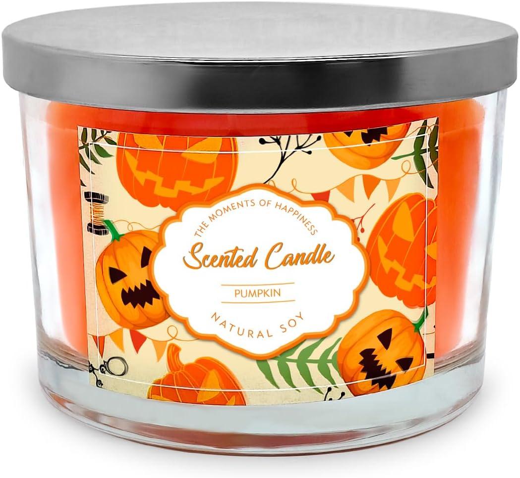 3 Wick 14oz Pumpkin Scented Orange Candle in Glass Jar with Lid, Large Fall Colored Aromatherapy Gift Candle for Harvest Halloween Home Table Decoration - 60-70 Hours Burning Time