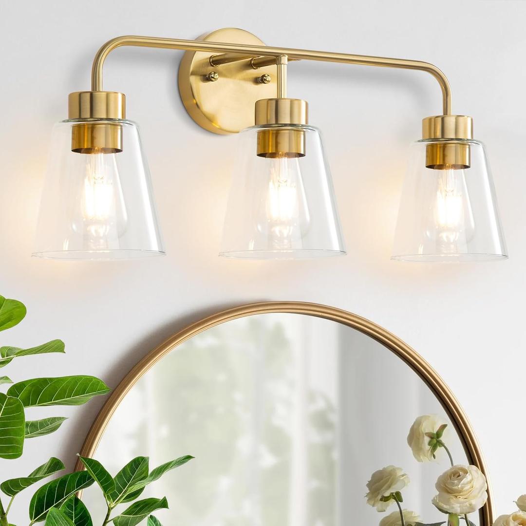 Bathroom Vanity Lights Over Mirror Modern Gold Light Fixture 3 Lights with Clear Tapered Glass Shade inches Brass Wall Sconce Bathroom Lighting E26 Base