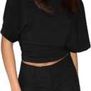 Wide Dolman Short Sleeve Tops Women Crew Neck Cinched Wasit Grunge T-Shirt Y2K Summer Fitted Going Out Crop Tees, M