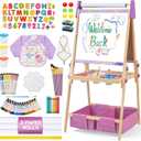 3-in-1 Adjustable Kids Art Easel Set, Height Adjustable Magnetic Whiteboard & Chalkboard with Painting Paper Roll, Wooden Dual-Sided Art Station for Toddlers & Children Ages 3+, Art Supplies Included