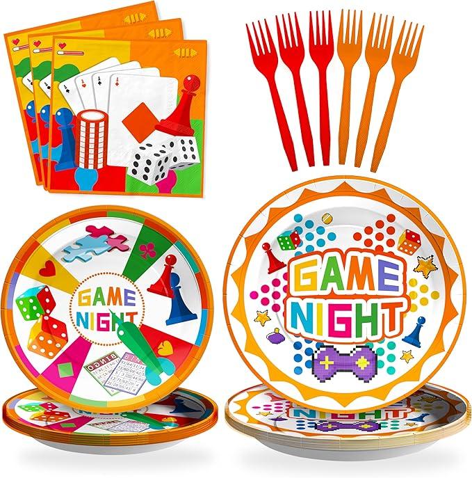 SCIONE 96 Pcs Family Game Night Party Supplies Colorful Video Game Birthday Decorations for Kids Boys Gamer, Game Night Party Paper Plates and Napkins Forks for 24 Guests