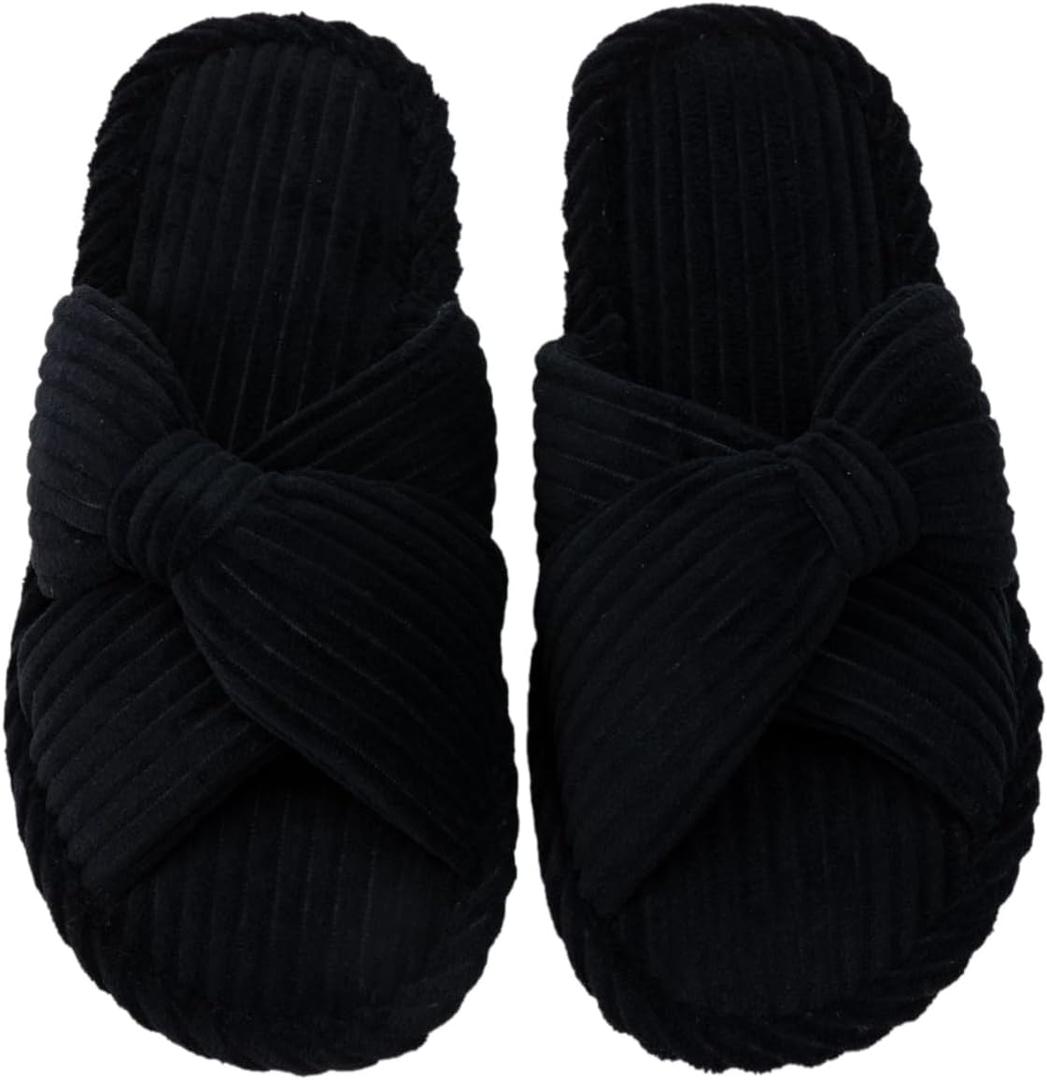 Enteer Women's Corduroy Bow Memory Foam Slippers, Open Toe Cross Band Non-Slip Indoor Outdoor House Slippers