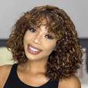 Curly Bob Wig with Bangs 10inch Short Curly Wigs for Black Women Human Hair 180% Density Glueless Water Wave Brazilian Hair wigs None Lace Front Wig P4/30 (10 Inch)