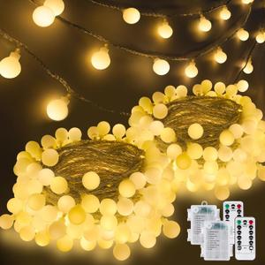 2 Pack Battery Operated Christmas String Lights - 45FT 100 LED Fairy Lights with Remote, Waterproof Globe Light Indoor Outdoor 8 Modes with Timer for Bedroom Classroom Dorm Christmas Decor, Warm White