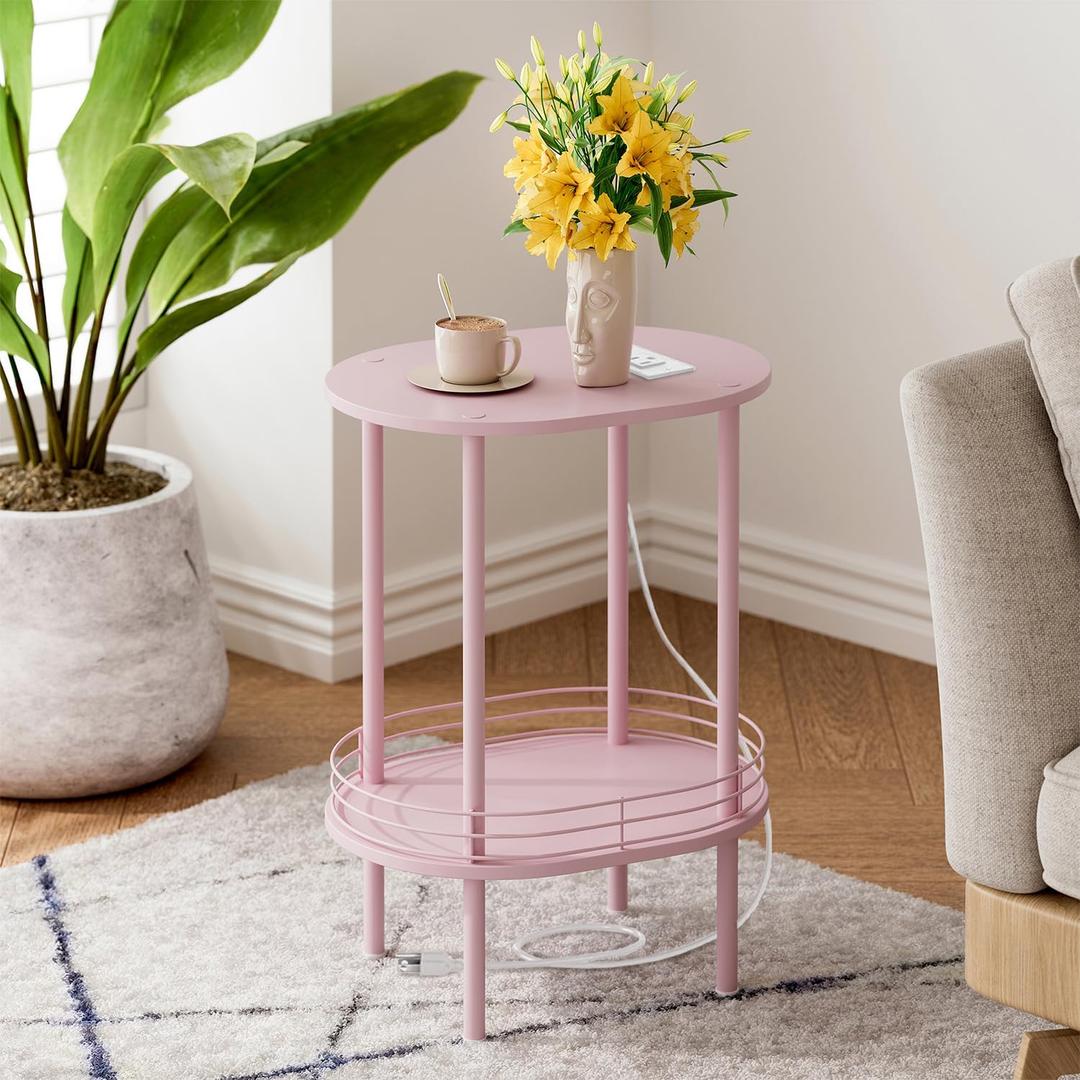 Pink Side Table with Charging Station,Side Tables Living Room,Nightstand with USB Ports and Outlets,Samll End Table for Small Space,Living Room,Bedroom, Nursery,(1PC,Pink)