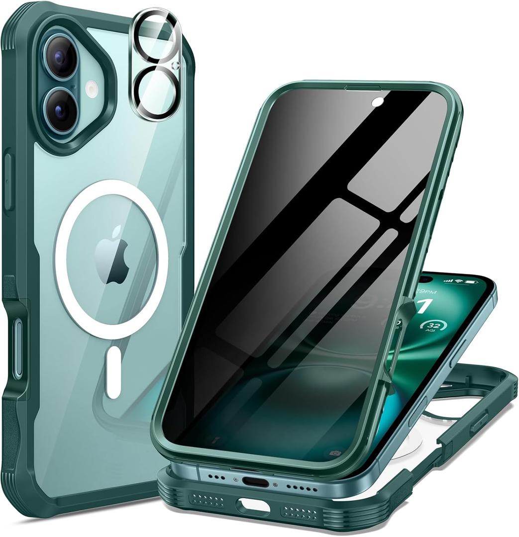 seacosmo for iPhone 16 Case, Full Body Bumper with Built-in 9H Tempered Glass Privacy Screen Protector and Camera Lens Protector, Compatible with MagSafe, Shockproof 16 Phone Case, 6.1", Green