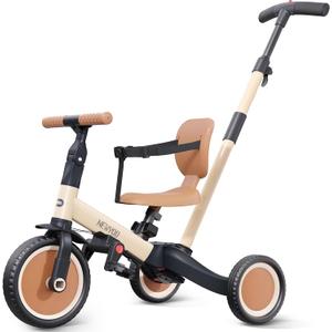 newyoo Toddler Tricycle with Push Handle for 1-3 Year Old, Toddler Bike, Birthday Gift and Toy for Boys and Girls, 5 in 1 Kids Trike, Balance Bike with Backrest and Safety Belt, Khaki, TR007, Large