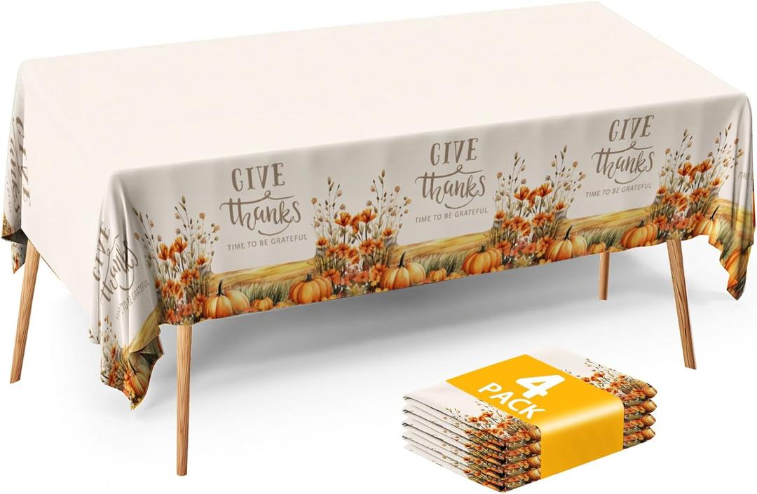 ATFUNSHOP Fall Thanksgiving Tablecloth 4 Packs 54x108 Plastic Disposable Thanksgiving Table Cloth Rectangle Fall Tablecover for Holiday Dinner Party Decorations Outdoor Picnic & Baby Showers