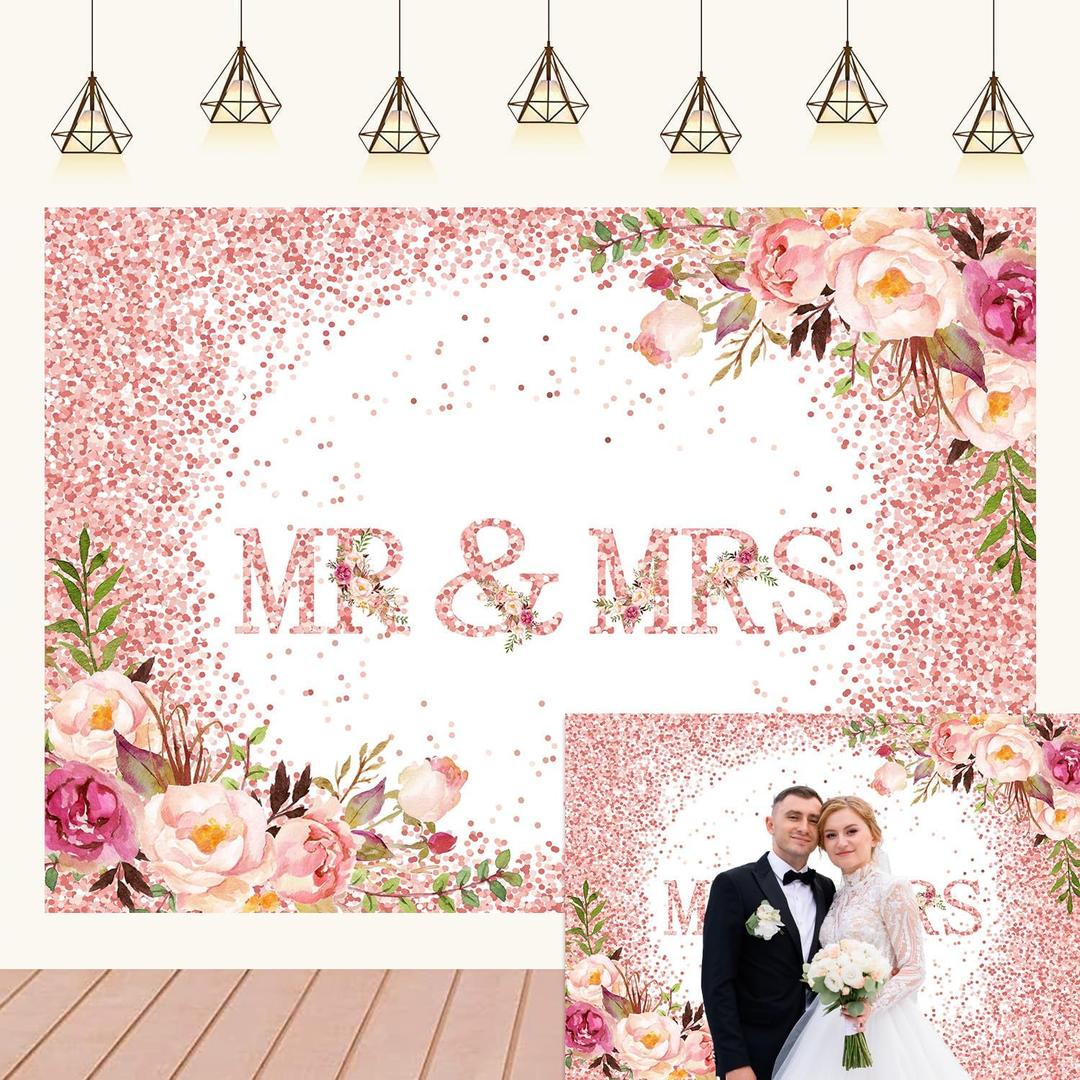 Mr & Mrs Floral Backdrop Glitter Bokeh Spots Pink Rose Flowers Photography Backdrop Romantic Wedding Engagement Bridal Shower Party Decoration Supplies 7x5Ft