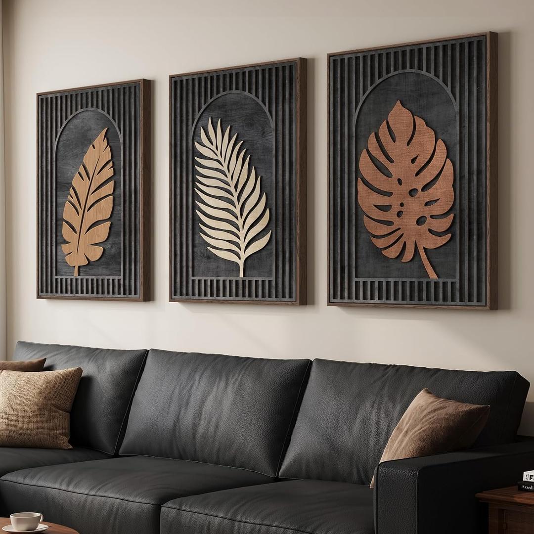 Framed 3D Wood Tropical Botanical Textured Wall Decor Living Room, 24x36 In, 24" W x 36" H x 3Pcs