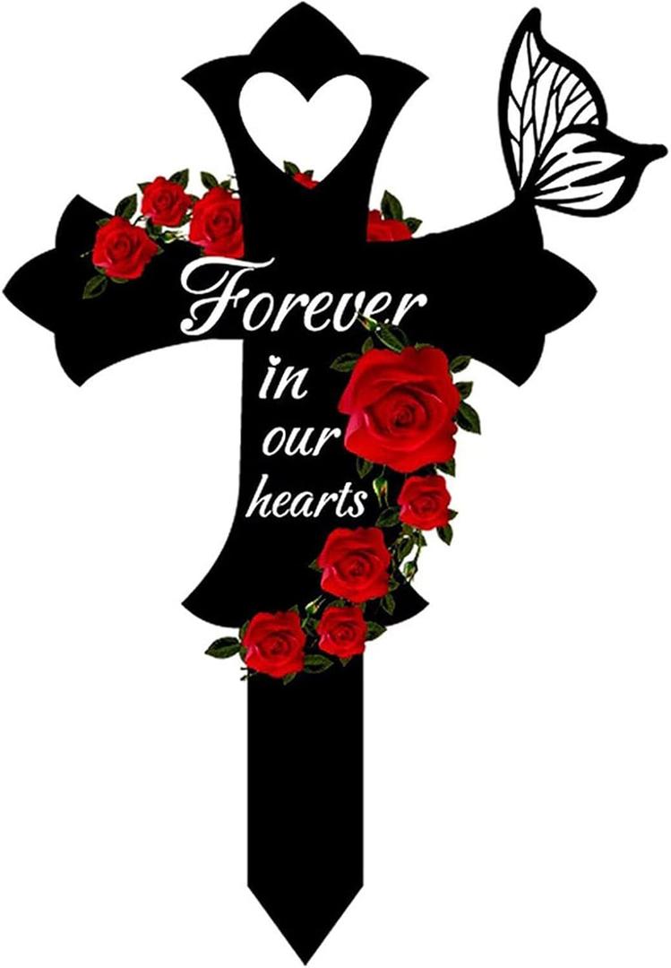 2 x Metal Butterfly Memorial Garden Stake, Cross Cemetery Grave Decorations with Rose Design, Forever in Our Hearts Grave Marker for Mom Dad Son, Outdoor Yard Garden Cemetery Decor (Black)