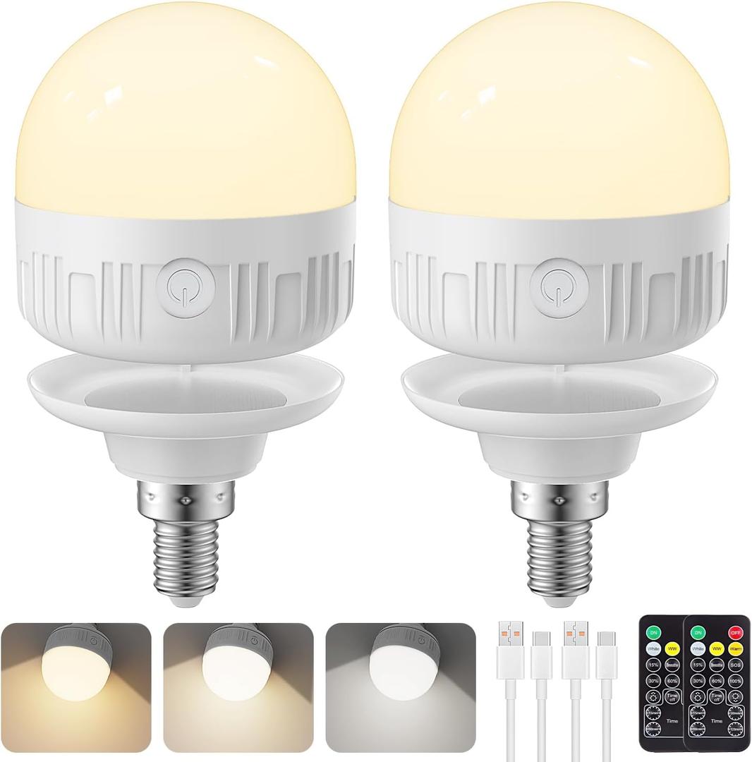 2Packs E12 Rechargeable Light Bulbs with Remote Control, 5W 350lm Magnetically Battery Operated Light Bulbs with 3 Color Temperature, Timer, Dimmer for Non-Hardwired Candle chandeliers Candelabra lamp