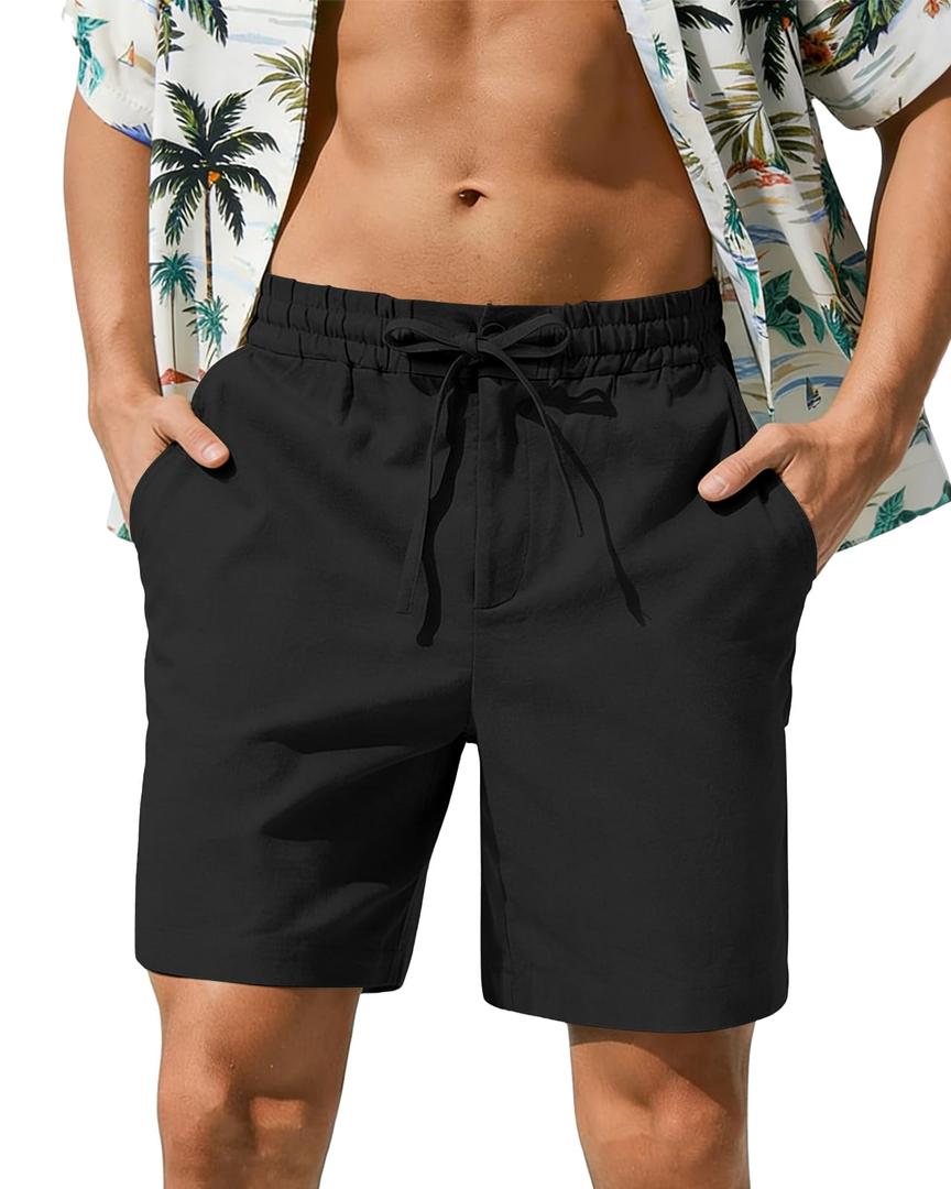 ANNERUN Mens Cotton Linen Summer Shorts Lightweight Breathable Casual Beach Elastic Waist Drawstring 7 Inch Inseam, Black (Black)