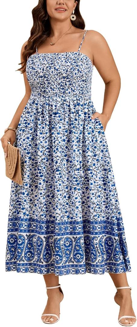 CICIDUDU Plus Size Spaghetti Strap Summer Boho Floral Dress Beach Sleeveless Sundress Smocked Maxi Dress with Pockets 2026, XXL