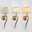 Set of 2 Gold Wall Sconce Light Fixtures, 1-Light Mid Century Modern Vanity Lighting with Conical Fabric Shade, Graceful Curved Iron Arm, Crystal Accent, Indoor Classic Wall Mounted Lamps (Linen)