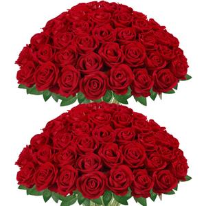 InnoGear 100 Pcs Red Roses Artificial Flowers, Fake Velvet Silk Rose Bulk Faux Flower for Decoration DIY Wedding Centerpieces Proposal Bridal Bouquets Shower Party Home Floral Decor (100, Red)