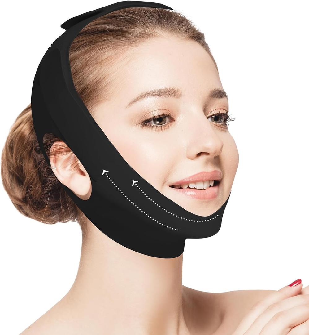 Jawline Shaper Chin Strap for Sleeping, Reusable V-Line Mask for Women Face Lifting Made w/Electric-Hot-123456 (Black)