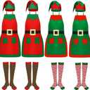 Christmas Elf Apron Set with Hat and Socks Adult Elf Apron Costume with Pocket for Xmas Party Gift Kitchen Baking (Red and Green)