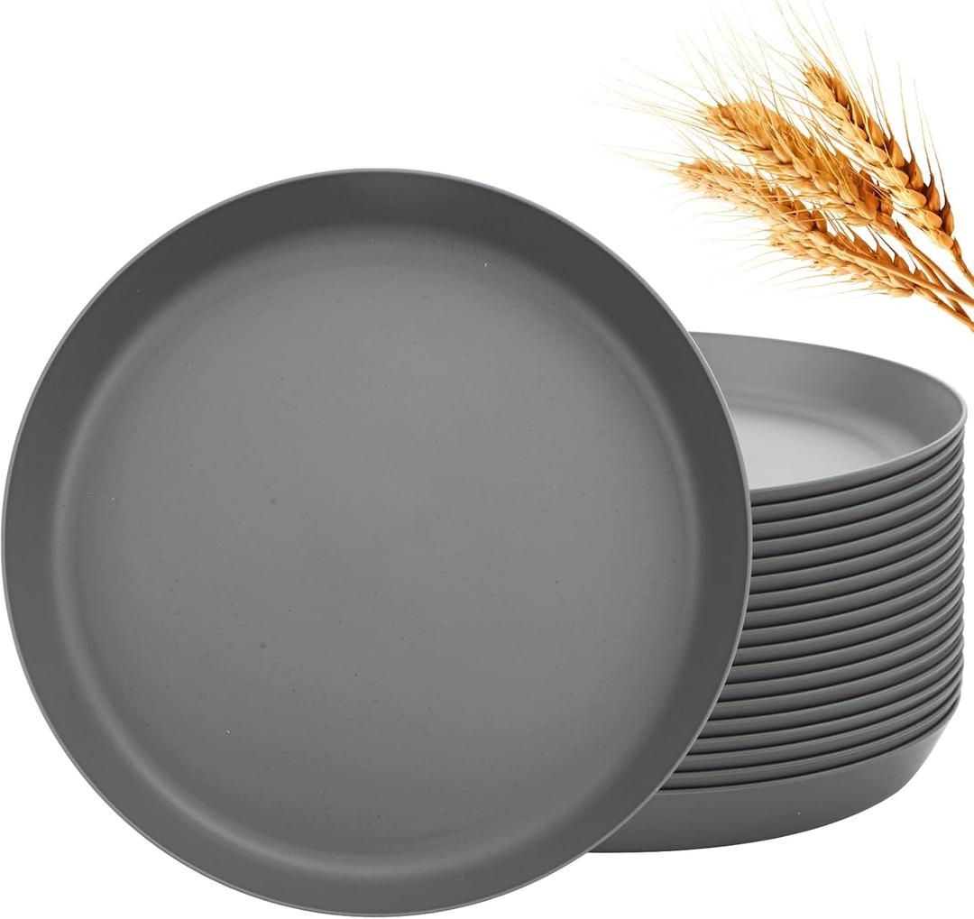 EI 18pcs Dark Grey Wheat Straw Plates Set,Unbreakable Deep Dinner Plates,Reusable Heavy Duty Plastic Plate,Lightweight Salad Plate for Camping,Kitchen,Picninc
