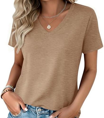 Zeagoo Womens Tops Summer Casual Short Sleeve Tshirts Business Basic Spring V-Neck Shirts Outfits Z-khaki, L