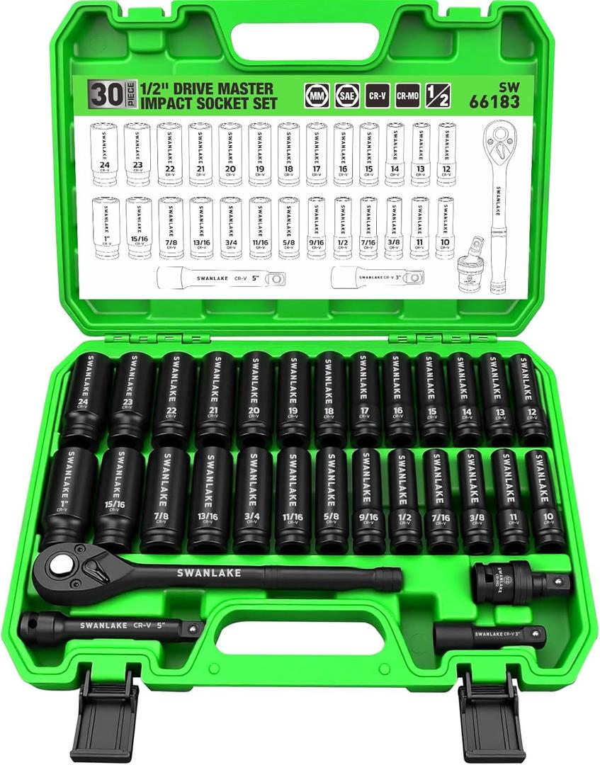30-Piece 1/2" Drive Impact Socket Set, Standard SAE (3/8-1 inch) and Metric (10-24mm) 6 Point CR-V Steel Deep Socket, Ratchet Handle, 3" & 5" Extension Bar, CR-MO Impact Universal Joint