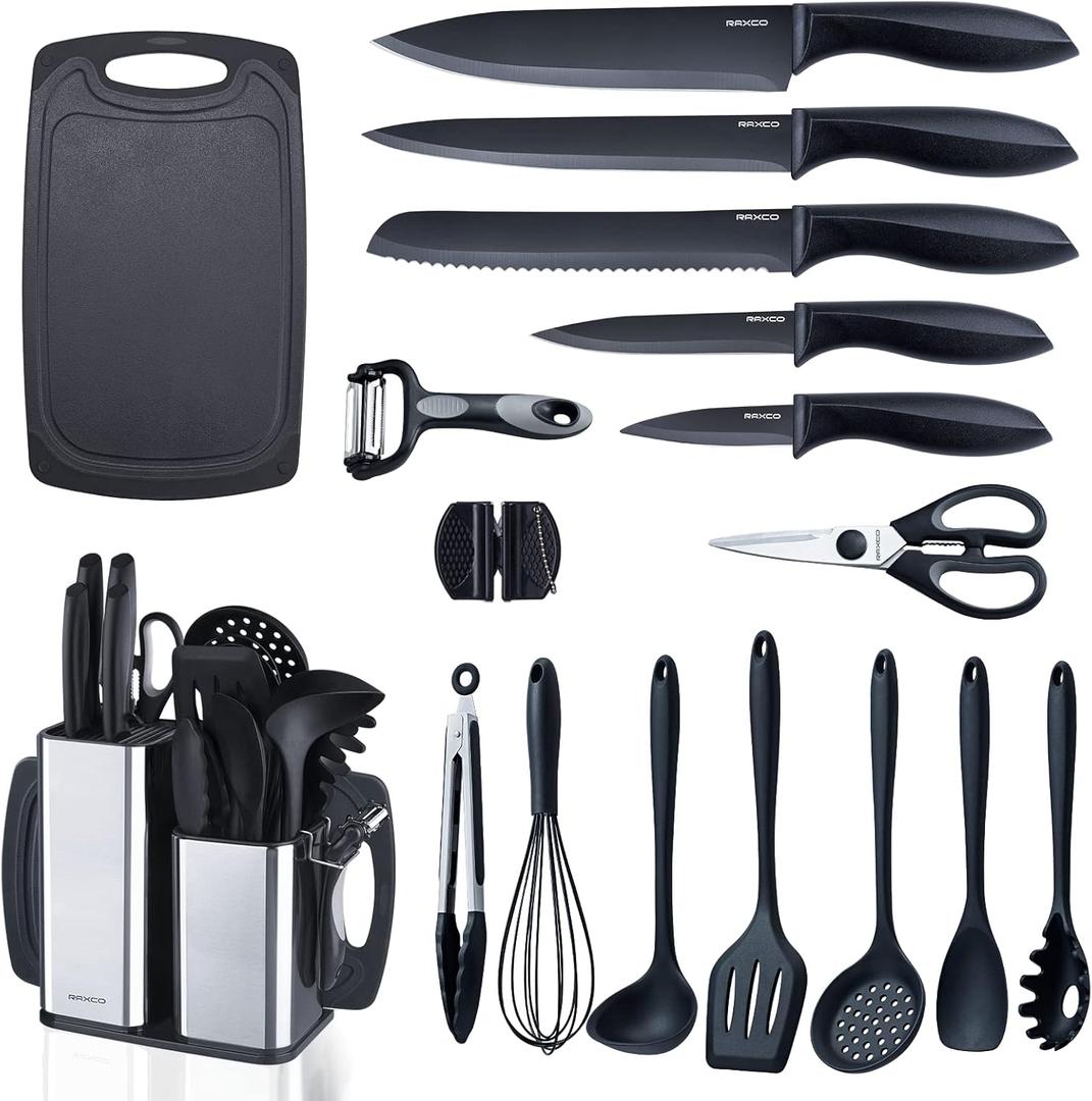 RAXCO Kitchen Utensils Set,18-Piece Cooking Tools and Sharp Knives,Stainless Steel Holder and Cutting Board (Black)