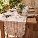 HunnmingRe 1 Pcs Brown Plaid Gingham Ruffle Table Runner 118 x 13.8'' Farmhouse Table Runner 100% Cotton Scalloped Long Dresser Scarves for Mothers Day, Dining Room, Wedding, Kitchen Rustic Home Decor