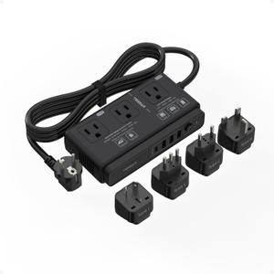 220V to 110V Converter, TESSAN Travel Voltage Converter with 4 USB Ports (1 USB C), 3 AC Outlet and EU UK AU IT Universal Travel Adaptor, Step Down Transformer Power Outlet Adapter Combo Black