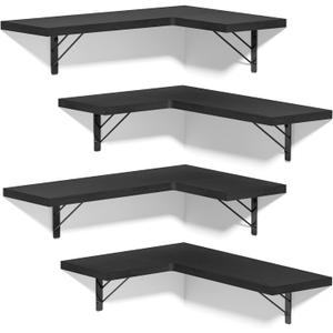 Love-KANKEI Corner Shelf Wall Mounted,Floating Wall Shelves for Storage,Rustic Wood Hanging Shelves for Display,Bathroom Kitchen Bedroom Living Room,Set of 4,Black