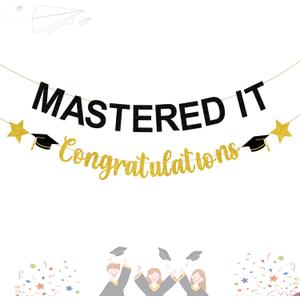 2 x Mastered It Graduation Decorations Gold and Black Glittery Congratulation Banner Congrats Grad Decor for Class of 2025 Party