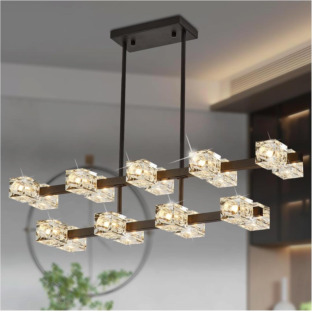 Double Tier Modern Crystal 18 Head Dining Room Chandelier, Semi Recessed Ceiling Light, Black Metal Crystal Chandelier for Kitchen Island Farmhouse Dining Room, Living Room (40)