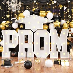 Biapian PROM Marquee Light Up Letters, Large Marquee Letters 3.4 FT, White PROM Led Sign with Lights Paperboard Grad Cap for High School College Photo Booth Backdrop 2026 Graduation Decorations