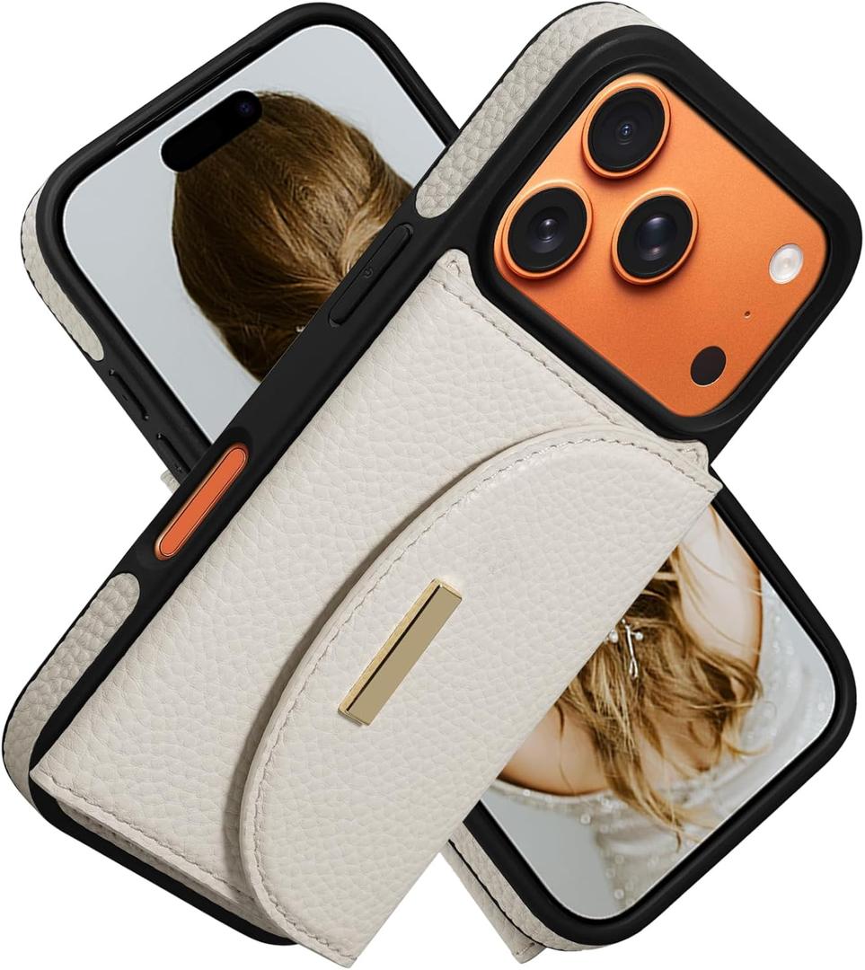 Keallce Wallet Case for iPhone 17 Pro 6.3'', Flip Case with RFID Blocking Card Holder Slots Kickstand, PU Leather Protective Folio Cover for Women, Beige