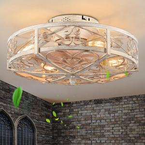 20" Caged Ceiling Fan with Light,Vintage Rustic Farmhouse Kitchen Decor,Bladeless Ceiling Fans with Lights and Remote,Low Profile Fan for Bedroom,Reversible 6 Speeds Motor,4 E26 Bulbs Included (White Brush Gold)