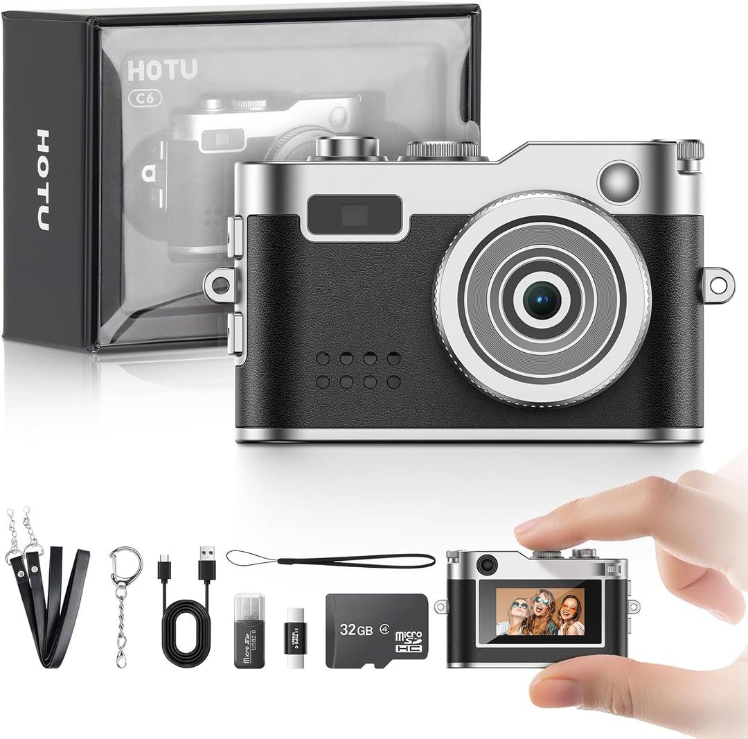 Mini Digital Camera, Keychain Camera 1080P HD with 2MP Lens, Flash, Video Recording, 32G Card Included, Portable and Compact Retro Vlog Camera for Travel, Kids, Black