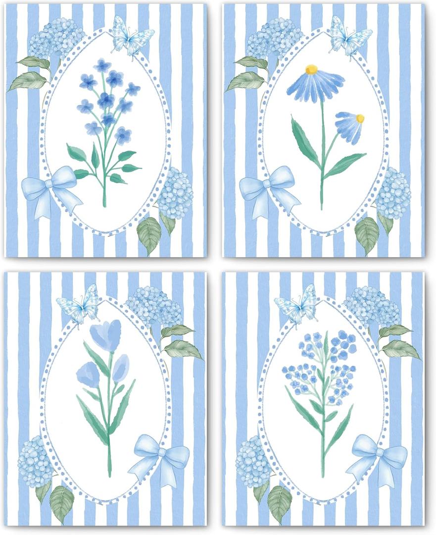 FITIE Blue and White Striped Floral Wall Art Posters Set of 4, Grandma Core Home Decor, Cottagecore Coquette Blue Bow Hydrangea Flower Canvas Prints Artwork Wall Decor, 8x10 Unframed