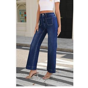 Women's Wide Leg Jeans Trendy High Rise Straight Leg Jeans for Women Stretchy Pockets Bootcut Denim Pants, S